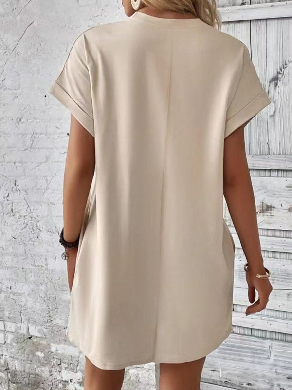 Levoire | Nouvelle robe de printemps et d'été en tissu uni avec col rond, coupe décontractée, manches courtes et poches