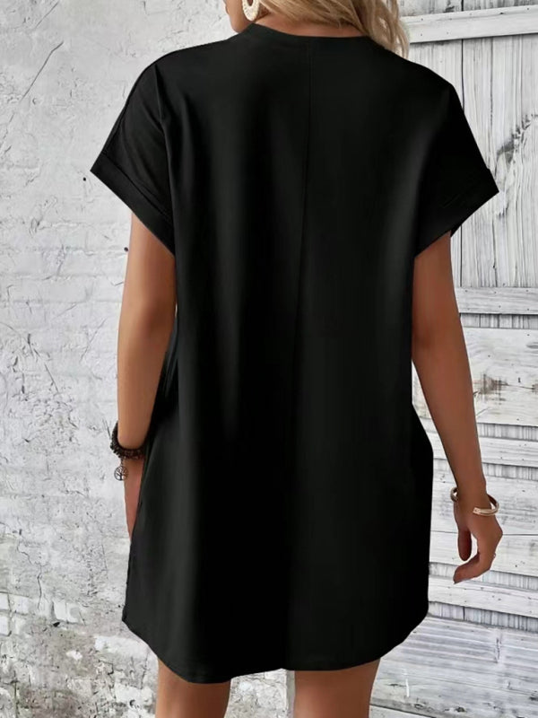 Levoire | Nouvelle robe de printemps et d'été en tissu uni avec col rond, coupe décontractée, manches courtes et poches