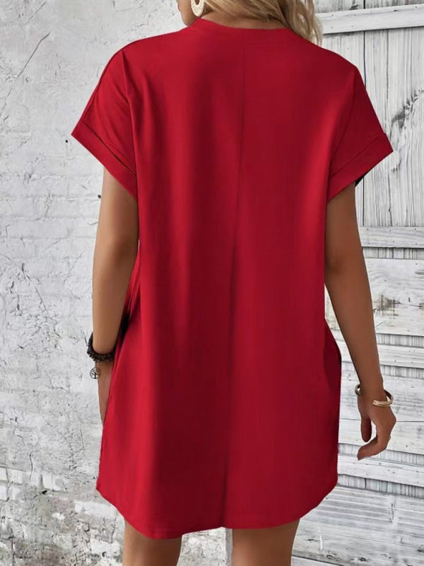 Levoire | Nouvelle robe de printemps et d'été en tissu uni avec col rond, coupe décontractée, manches courtes et poches