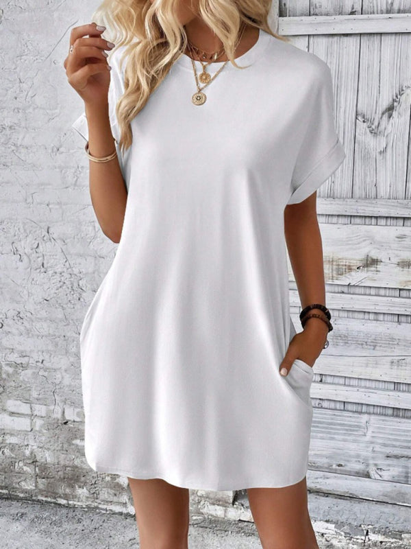 Levoire | Nouvelle robe de printemps et d'été en tissu uni avec col rond, coupe décontractée, manches courtes et poches Blanc