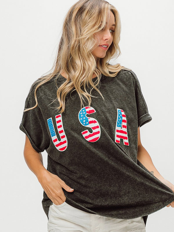 Levoire | Femmes Jour de l'Indépendance Lettres Anglaises Manches Courtes T-shirt Tops