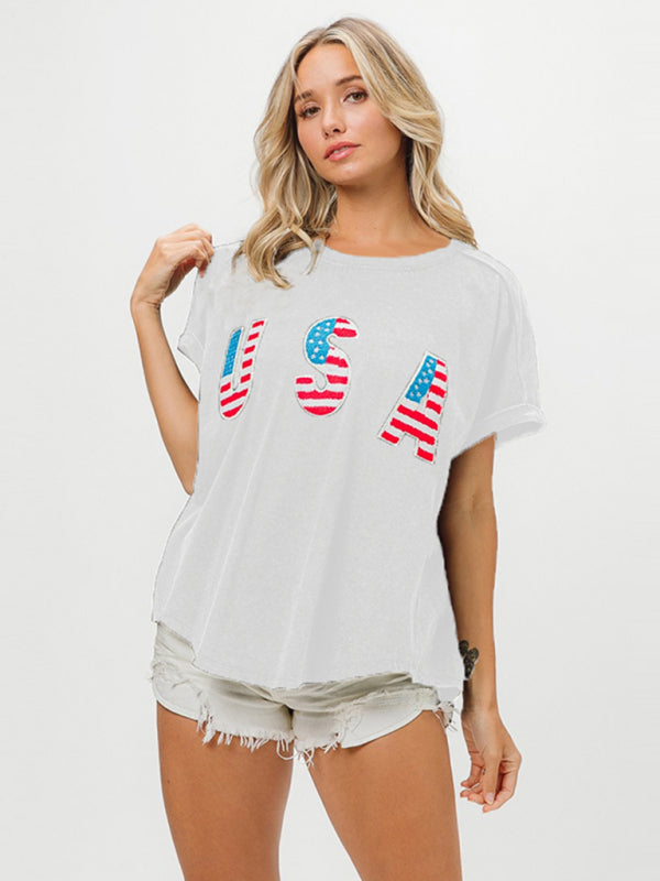 Levoire | Femmes Jour de l'Indépendance Lettres Anglaises Manches Courtes T-shirt Tops Blanc