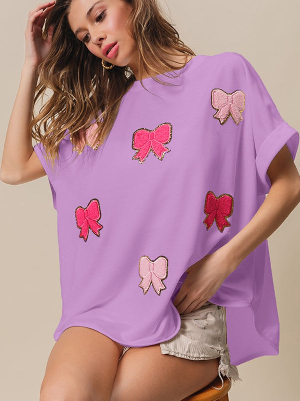 Levoire | Nouveau top à manches courtes avec nœud-fabric-canne-paillettes-broderie Violet
