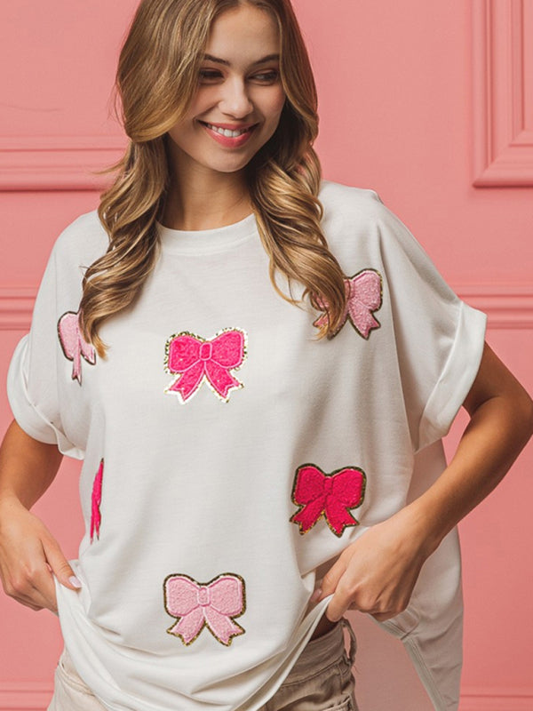 Levoire | Nouveau top à manches courtes avec nœud-fabric-canne-paillettes-broderie Blanc