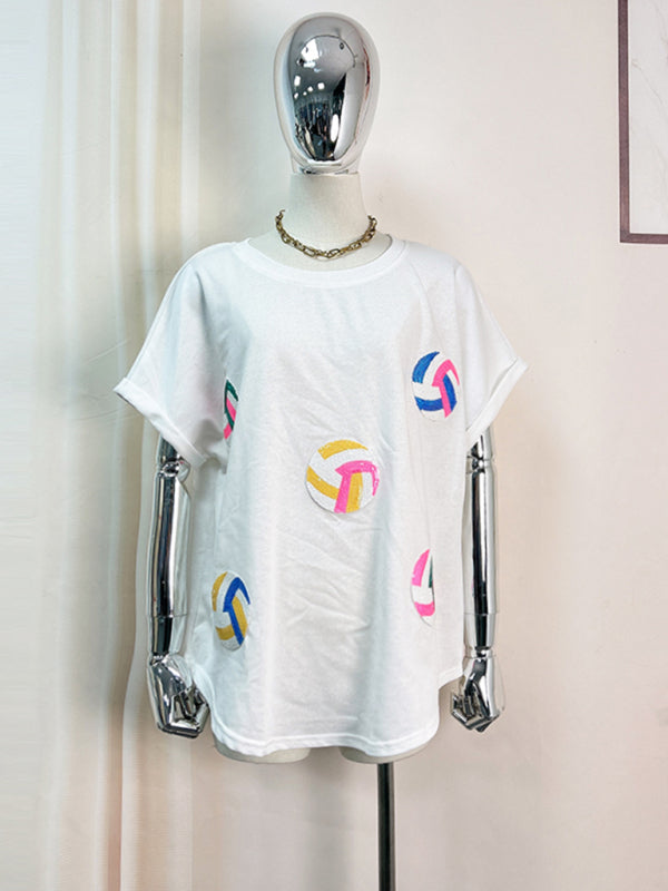 Levoire | Nouvelle couleur Ball paillettes broderie sweat rond col T-shirt à manches courtes top