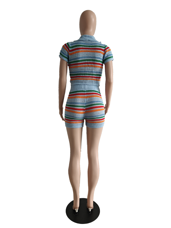 Levoire | Nouvelle combinaison short en denim tricotée sexy à contraste manches courtes