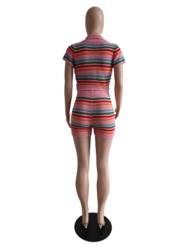 Levoire | Nouvelle combinaison short en denim tricotée sexy à contraste manches courtes