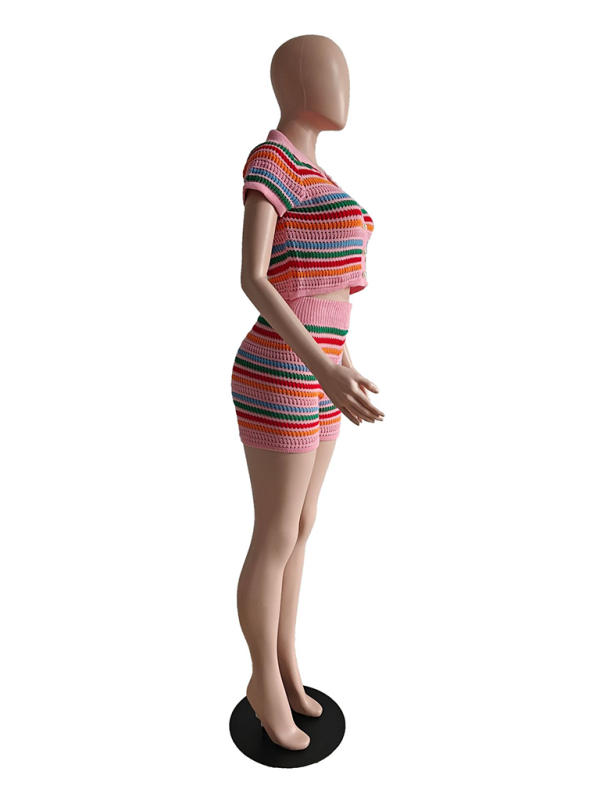 Levoire | Nouvelle combinaison short en denim tricotée sexy à contraste manches courtes