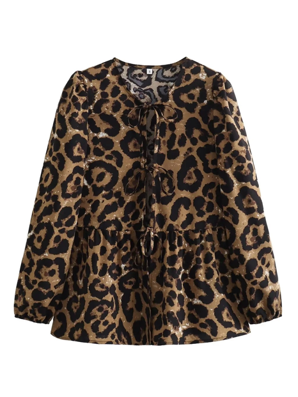 Levoire | Femme Mode de Rue Nœud Chemise à Manches Longues Léopard