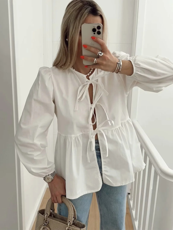 Levoire | Femme Mode de Rue Nœud Chemise à Manches Longues Blanc
