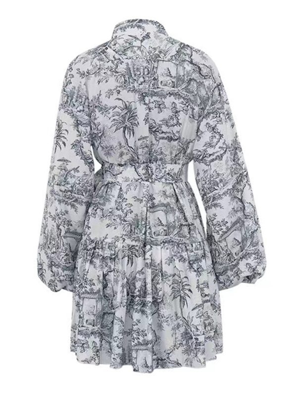 Levoire | Impression encre imprimée à manches bouffantes, col montant, robe rétro à lacets en A, courte