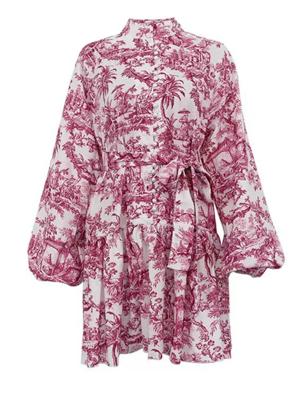 Levoire | Impression encre imprimée à manches bouffantes, col montant, robe rétro à lacets en A, courte