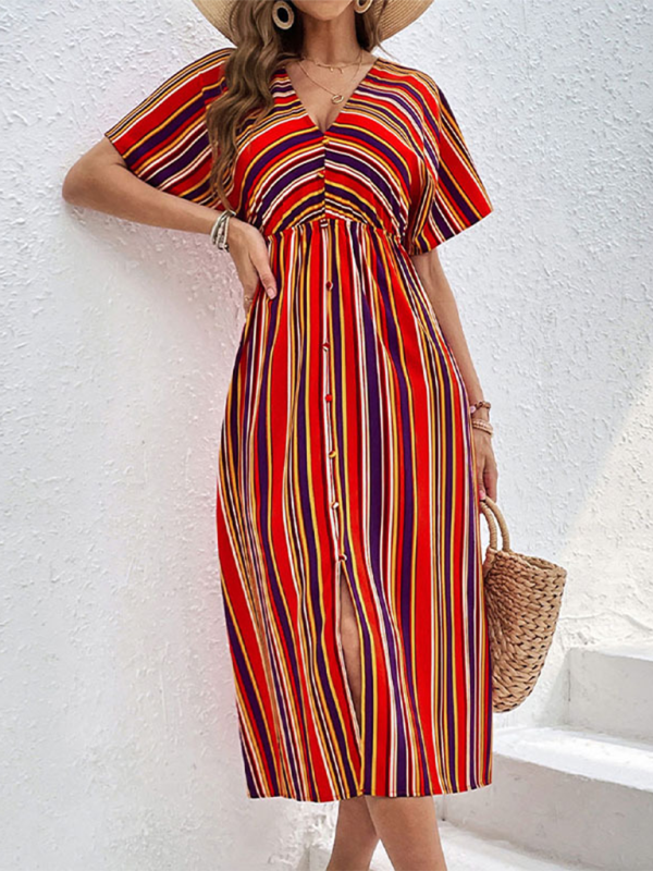 Levoire | Femmes Nouvelle Couleur Rayée Décontractée V-Cou Bouton Taille Haute Robe