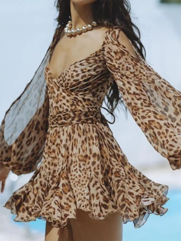 Levoire | Robe sexy décolleté en V sans épaule à la mode Léopard
