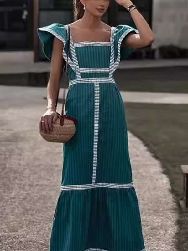 Levoire | Modish robe à encolure carrée avec patchwork contrasté Speerminze viridis