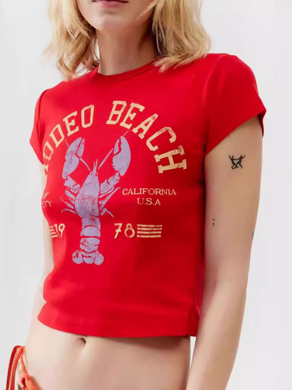 Levoire | Nouveau col rond imprimé court à manches courtes Slim-Fit t-shirt femme sexy ajusté Rot
