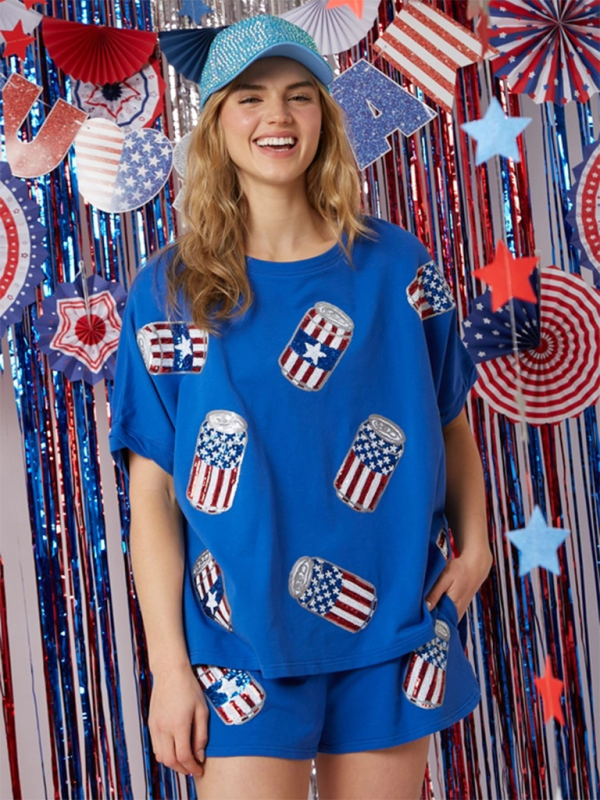Levoire | Femme Jour de l'Indépendance Top Pantalon Paillettes Robe Manches Courtes Robe Deux Pièces Bleu clair