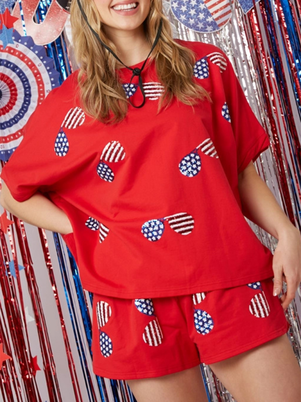Levoire | Femme Jour de l'Indépendance Top Pantalon Paillettes Robe Manches Courtes Robe Deux Pièces Rot