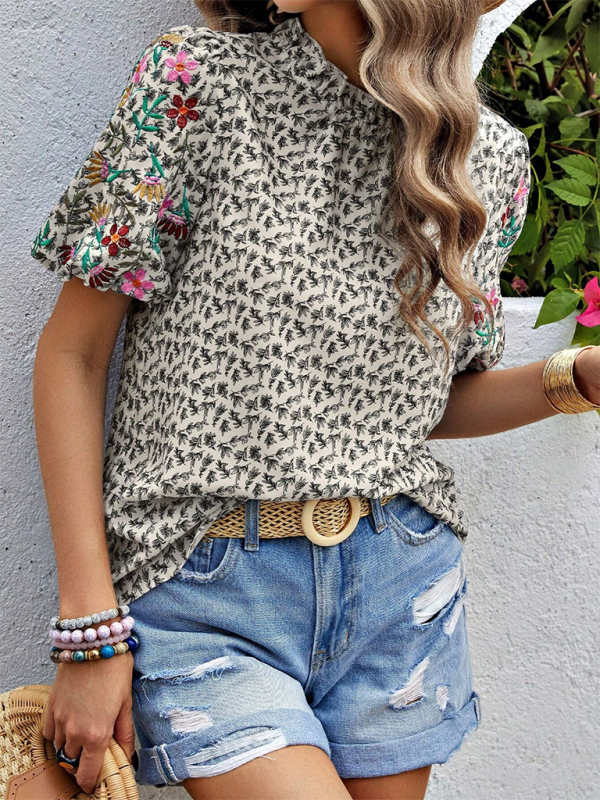 Levoire | Nouveau haut brodé imprimé avec boucle col roulé ondulé court bicolore