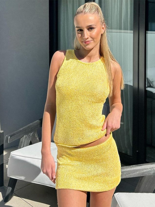 Levoire | Nouveau top sans manches à col rond, mode conscient, jupe courte sexy en laine Jaune