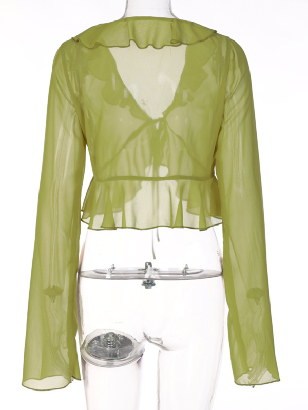 Levoire | Nouveau style à volants encolure en V profonde à manches longues blouse transparente