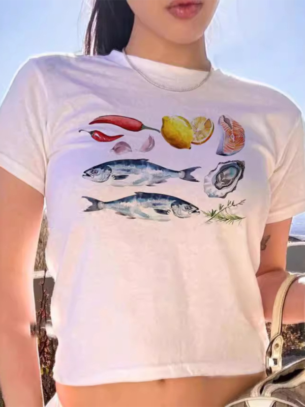 Levoire | Nouvelles Femme Mode de Rue Col Rond T-shirt Imprimé Lettre Taille Courte Muster10