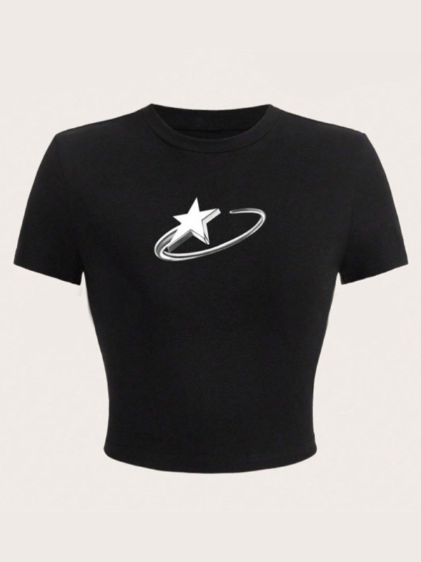 Levoire | Nouvelles Femme Mode de Rue Col Rond T-shirt Imprimé Lettre Taille Courte Muster9
