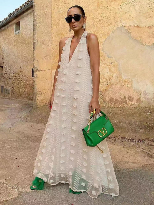 Levoire | Nouveau style de vacances Décolleté halter V en dentelle à fleurs tridimensionnelles robe évasée Cracker kaki