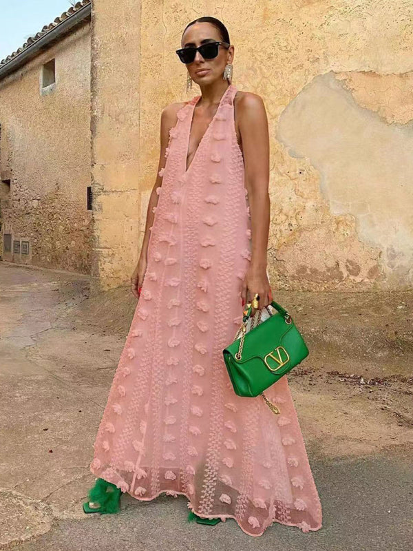 Levoire | Nouveau style de vacances Décolleté halter V en dentelle à fleurs tridimensionnelles robe évasée Rosa