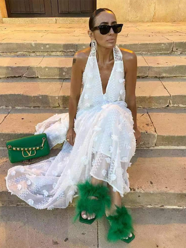 Levoire | Nouveau style de vacances Décolleté halter V en dentelle à fleurs tridimensionnelles robe évasée