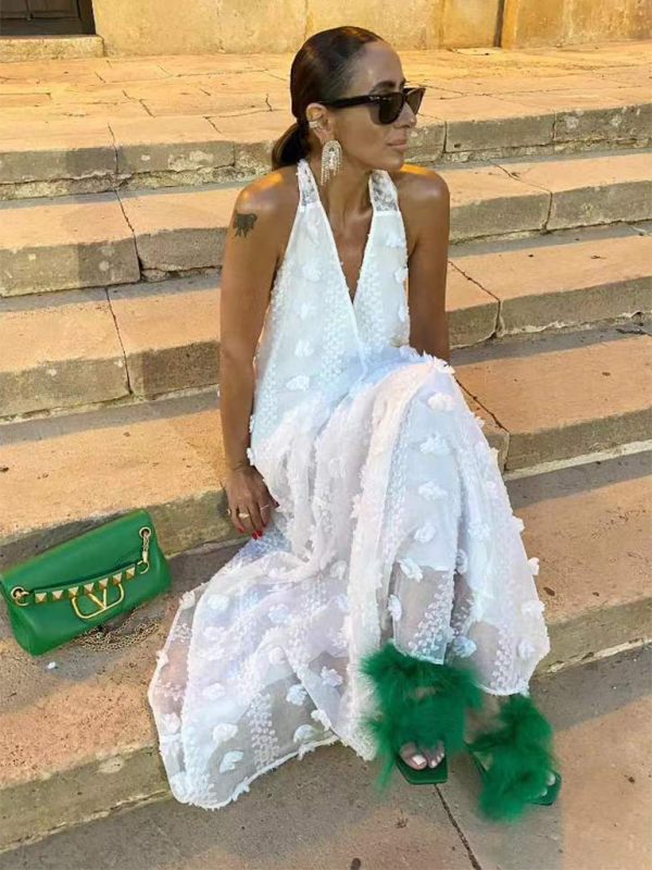 Levoire | Nouveau style de vacances Décolleté halter V en dentelle à fleurs tridimensionnelles robe évasée
