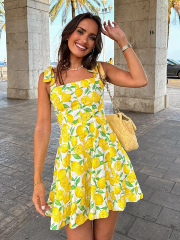 Levoire | Nouvelle mode citron imprimé robe à bretelles Jaune