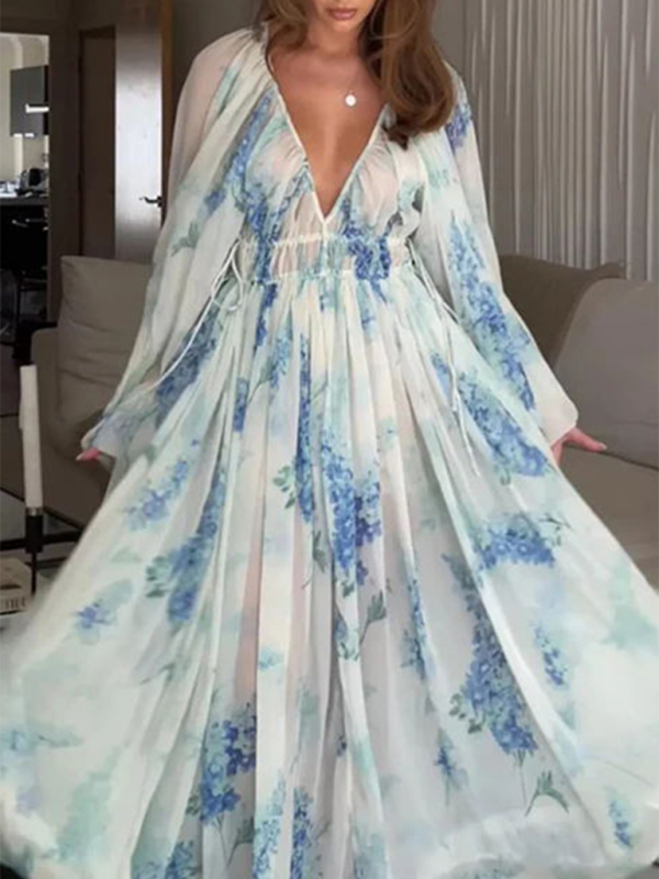 Levoire | Femme V-neck transparent denim sans manches imprimé en chiffon robe longue
