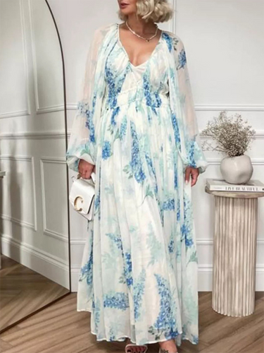 Levoire | Femme V-neck transparent denim sans manches imprimé en chiffon robe longue