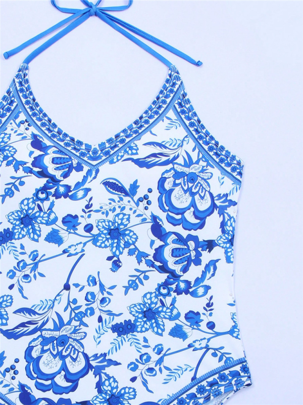 Levoire | Nouveau combinaison femme bleu blanc motif porcelaine coupe slim maillot de bain