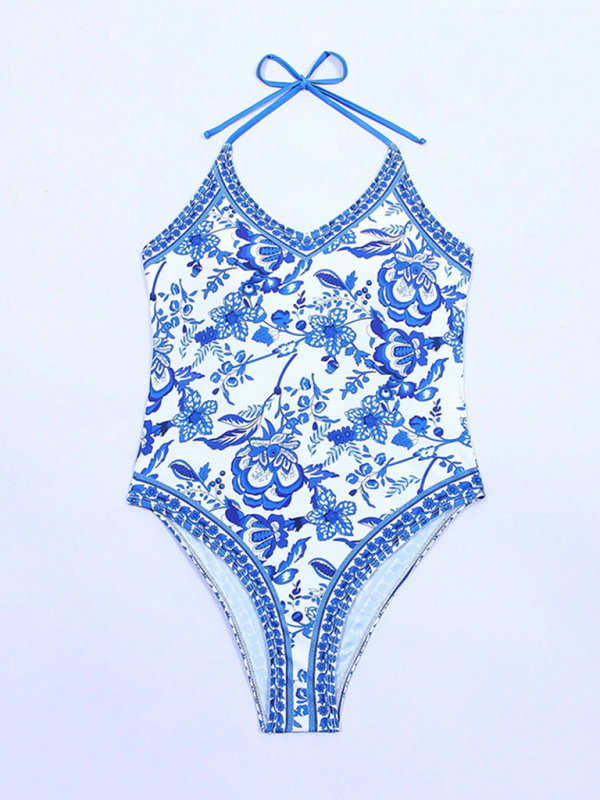 Levoire | Nouveau combinaison femme bleu blanc motif porcelaine coupe slim maillot de bain