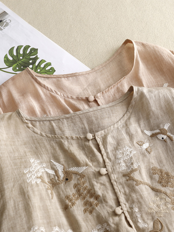 Levoire | Chemisier brodé lourd pour femmes avec encolure ronde et fente étroite chemise en lin rétro