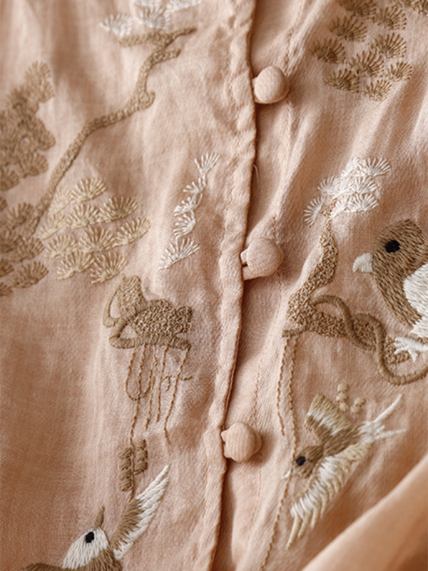 Levoire | Chemisier brodé lourd pour femmes avec encolure ronde et fente étroite chemise en lin rétro