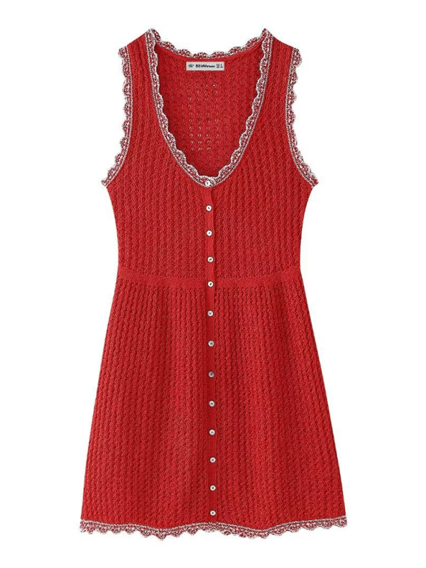 Levoire | Femmes Mode de loisirs Jacquard Réseau Col rond Sans manches Robe en tricot Rot