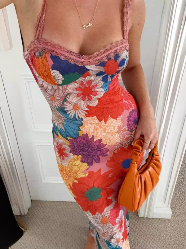 Levoire | Nouveau modèle de loisirs une épaule en fleurs robe sans manches Orange Rouge