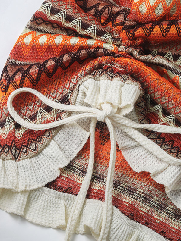 Levoire | Femme Carreaux Col Couleur Rayé Tricot Jupe Plissé Dos Nu Avec Bretelles
