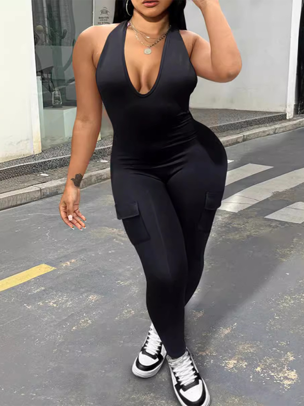 Levoire | Nouveau femme sexy dos nu collier chaîne V décolleté avec poches taille haute combinaison de sport