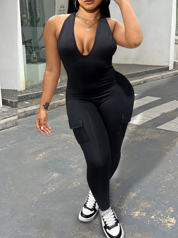 Levoire | Nouveau femme sexy dos nu collier chaîne V décolleté avec poches taille haute combinaison de sport Musta