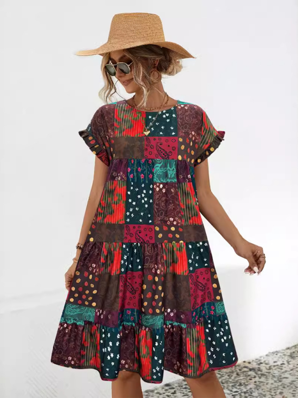 Levoire | Robe A-line imprimée froissée ample pour femmes Vins de récupération