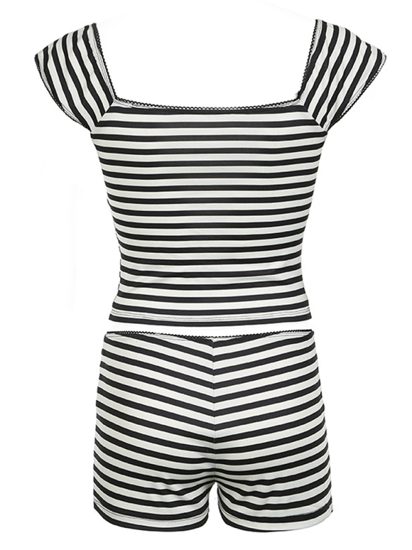 Levoire | Robe décontractée rayée pour femmes avec décolleté carré, haut à manches volantes et short, ensemble deux pièces