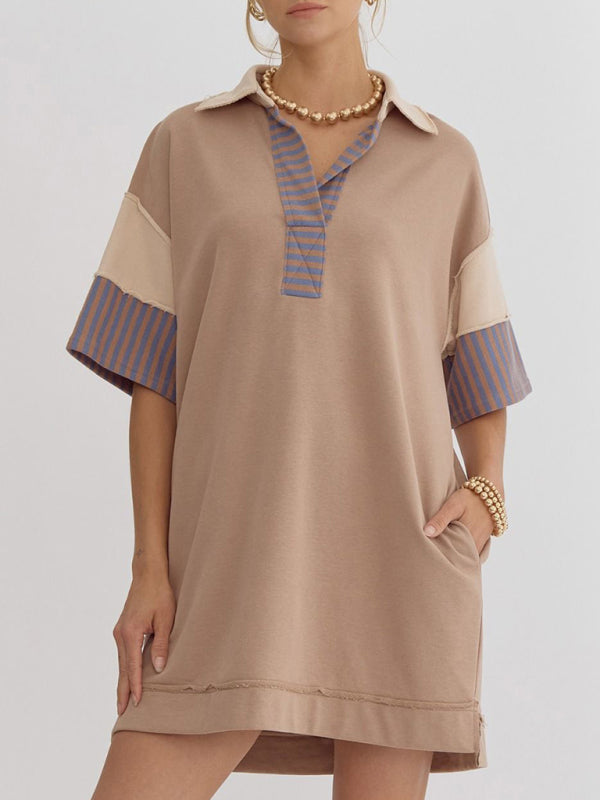 Levoire | Coton Rayé Unicolore Polo Revers T-shirt Décontracté Jupe Courte Khaki