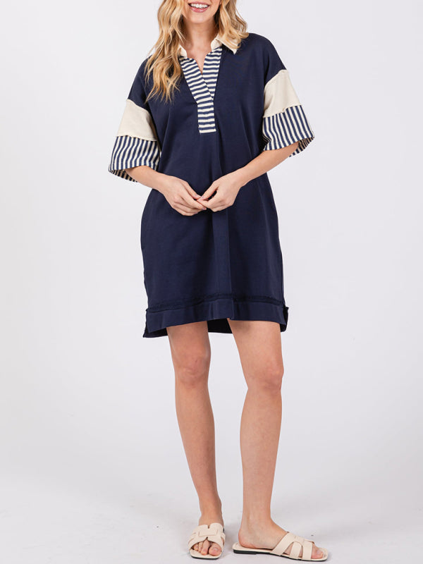 Levoire | Coton Rayé Unicolore Polo Revers T-shirt Décontracté Jupe Courte