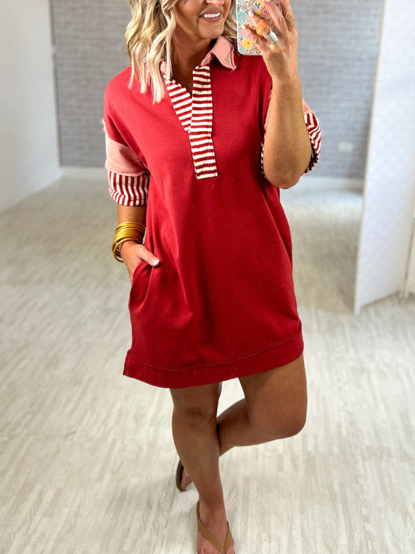 Levoire | Coton Rayé Unicolore Polo Revers T-shirt Décontracté Jupe Courte