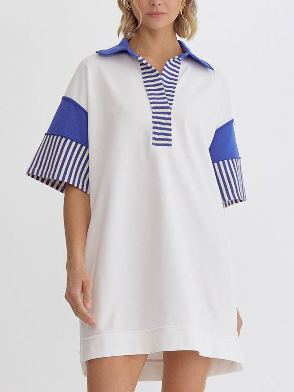 Levoire | Coton Rayé Unicolore Polo Revers T-shirt Décontracté Jupe Courte Blanc
