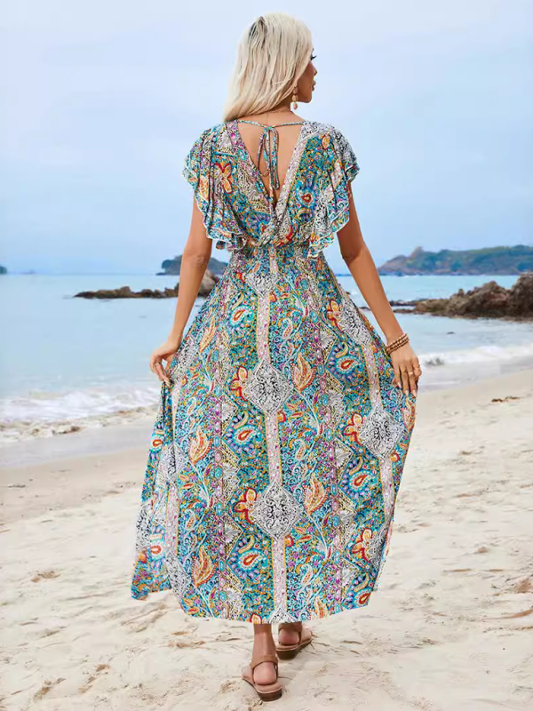 Levoire | V-neck avec dos ouvert en rayon imprimé t-shirt à volants courtes manches robe fendue